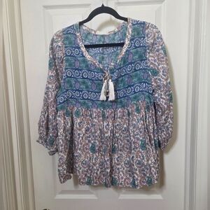 Lucky Brand Blue and Pink Tie Front Blouse